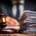 Martelo de juiz sobre base de madeira ao lado de uma pilha alta de documentos jurídicos, com figura desfocada de advogado ao fundo.