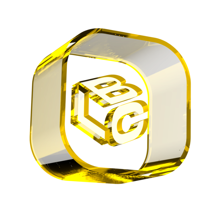 Logo 3D dourado com as letras "LBC" em destaque, design moderno e elegante.