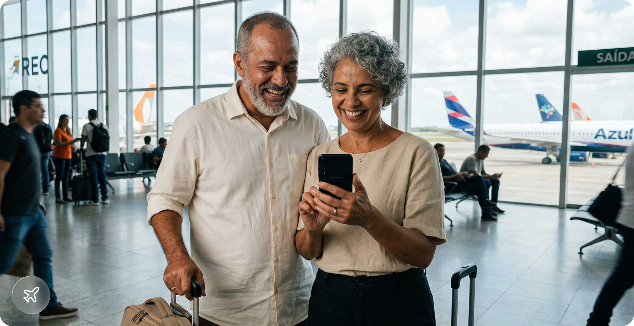Casal sorrindo olhando para um smartphone no aeroporto, aguardando o embarque.