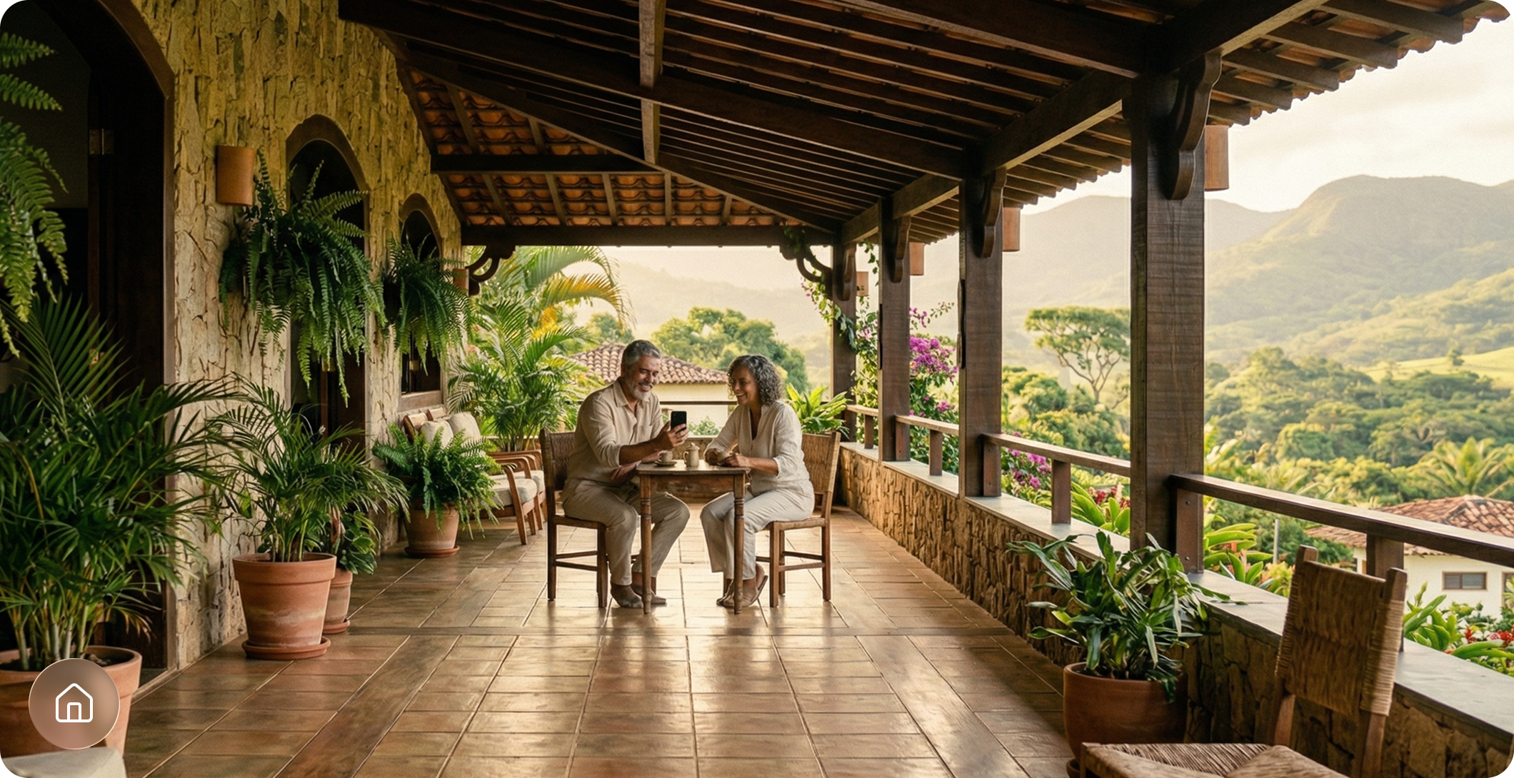 Casal aproveitando a vista das montanhas na varanda com plantas e móveis rústicos.