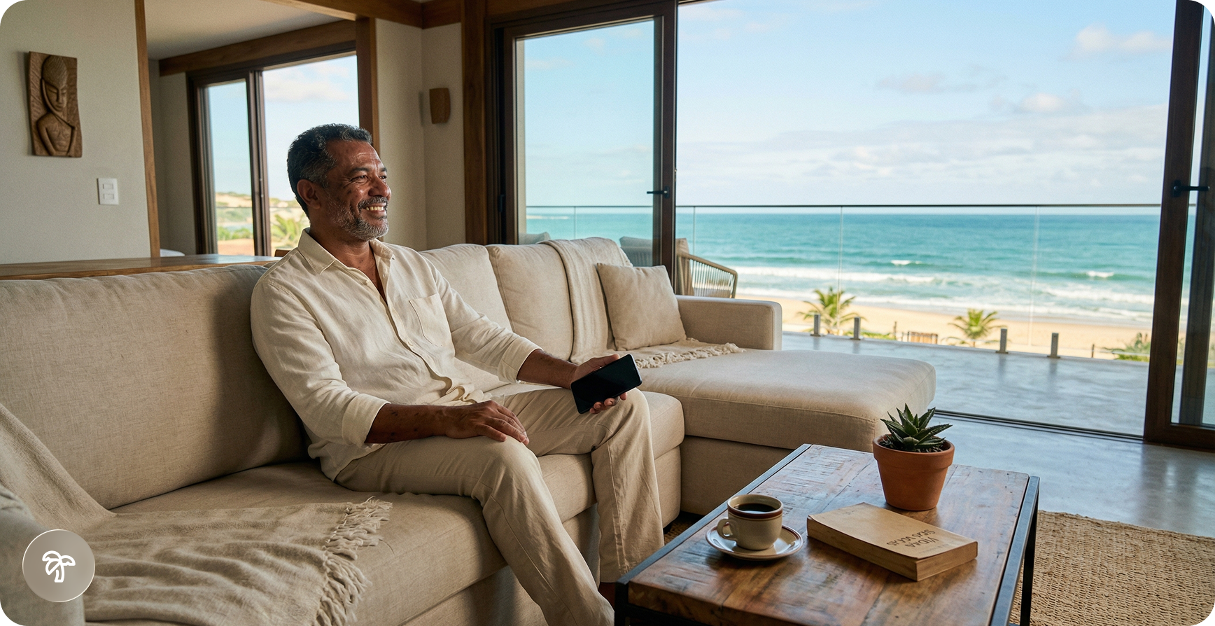 Homem sorrindo sentado no sofá bege, com vista para a praia e o mar azul.