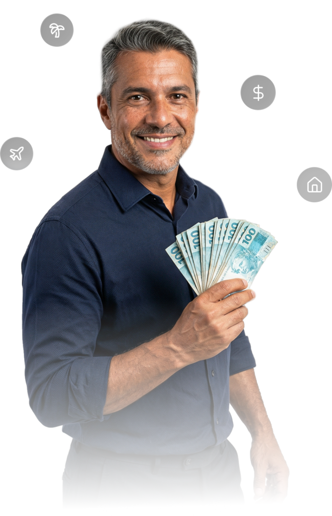 Homem sorrindo segurando notas de 100 Reais, ícones de viagem e finanças ao redor.