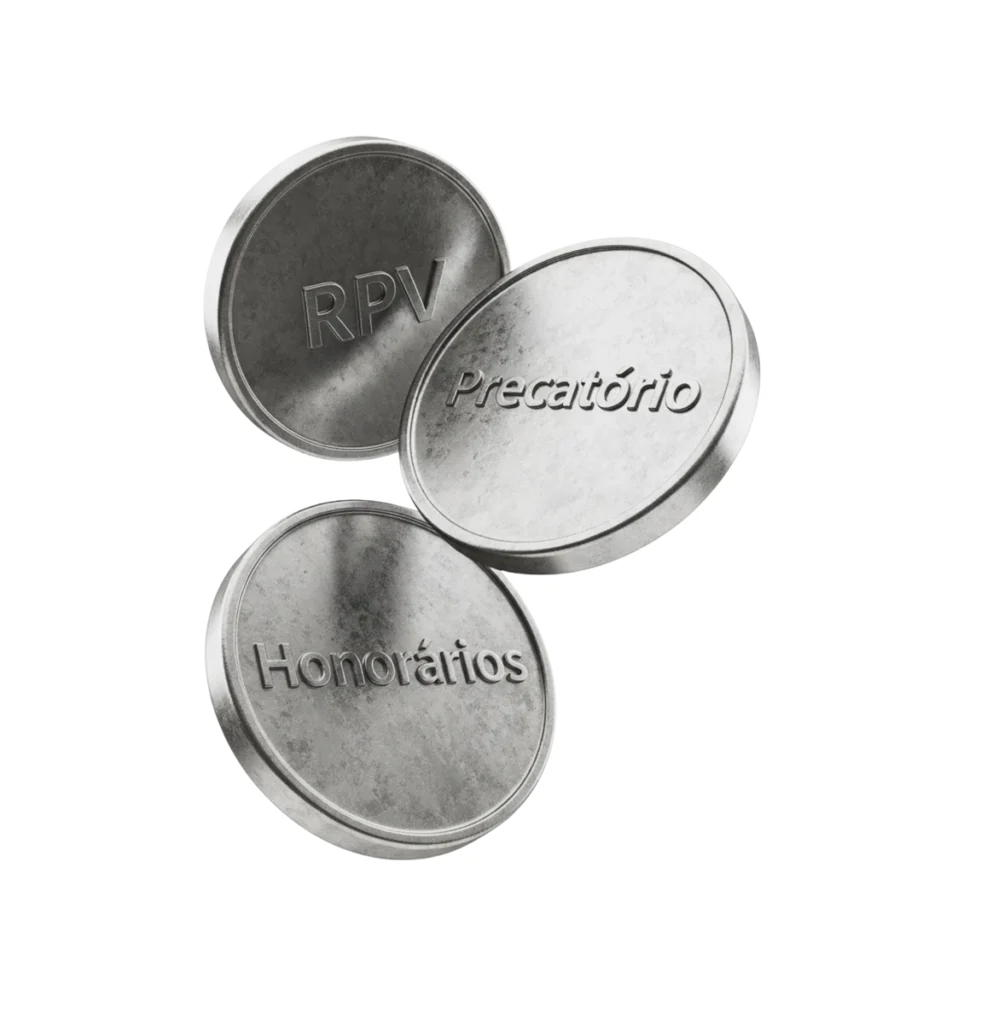 Moedas prateadas com RPV, Precatório e Honorários, representando pagamentos judiciais.