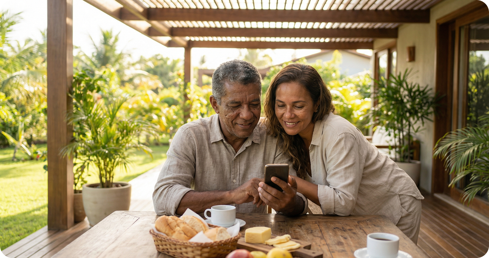 Casal sorrindo olhando um celular em varanda ensolarada com café da manhã.