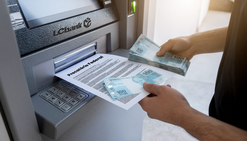 Saque de precatório federal: notas de 100 reais e documento saindo do caixa eletrônico.