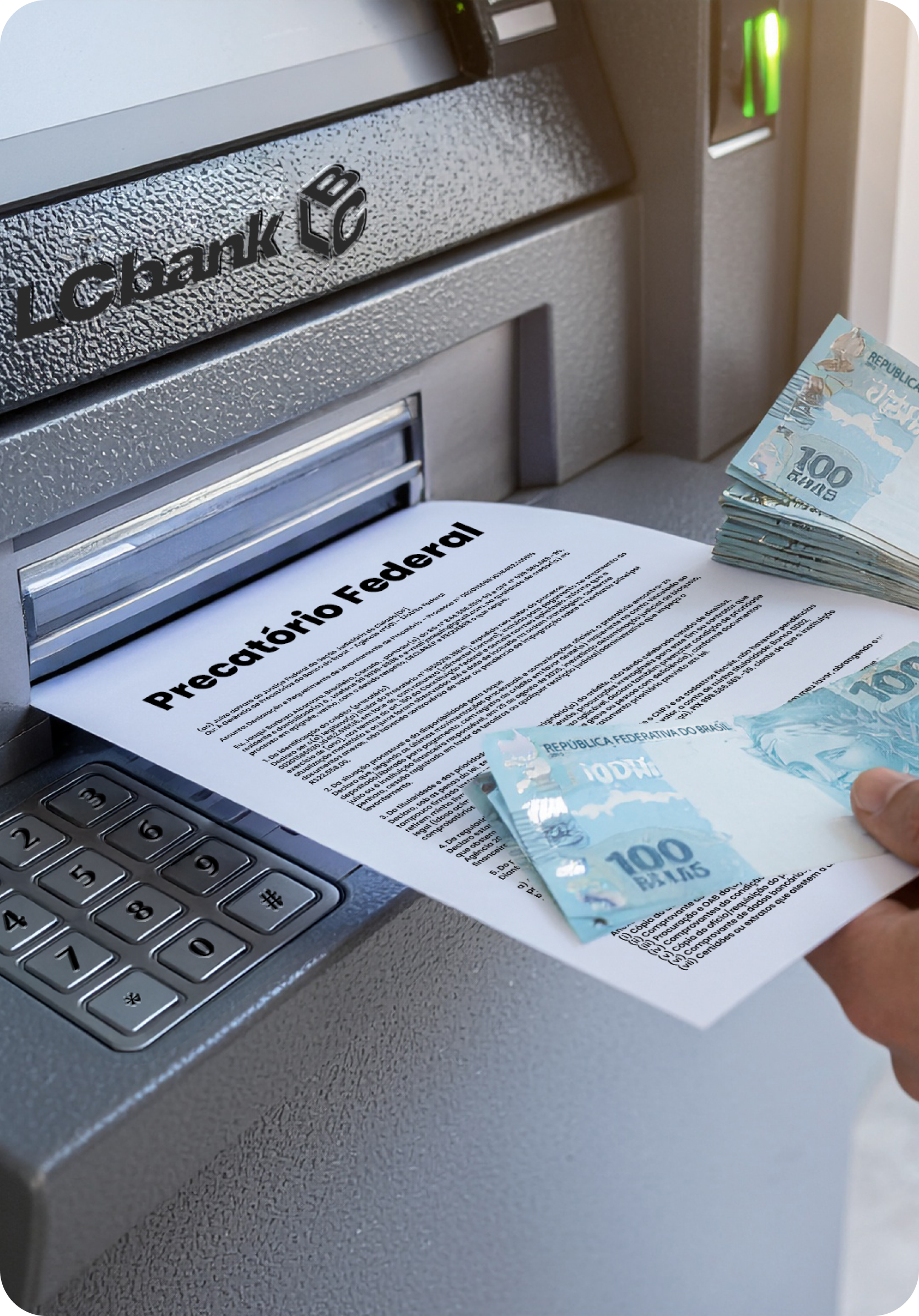 ATM liberando documento "Precatório Federal" e notas de 100 Reais brasileiros.