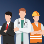 Profissionais diversos em pé: chef, executivo, médico, trabalhador da construção e enfermeira.