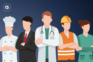 Profissionais diversos em pé: chef, executivo, médico, trabalhador da construção e enfermeira.