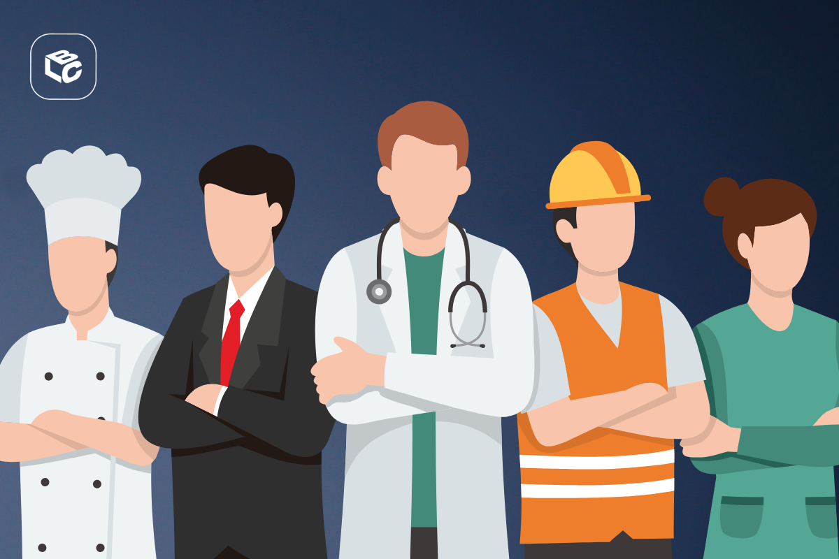 Profissionais diversos em pé: chef, executivo, médico, trabalhador da construção e enfermeira.